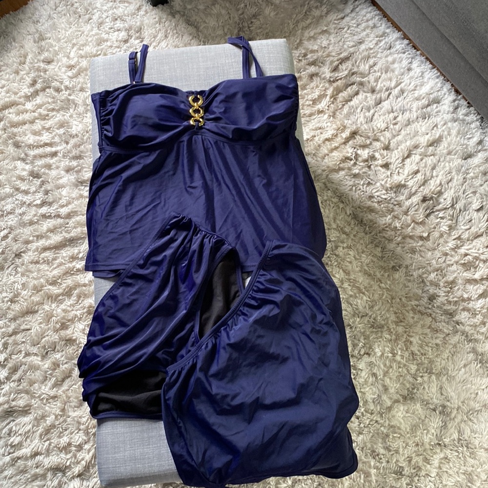 Always for Me Navy Bathing suit. Size 16W top with two bottoms.  16W & 14W